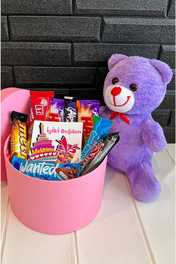 Birthday Gift Box with Plenty of Snacks and a Purple Teddy Bear for Your Loved One - 1