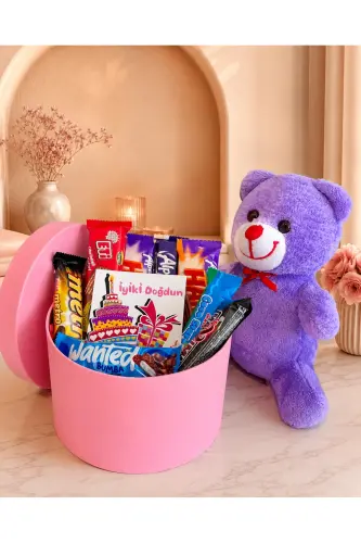 Birthday Gift Box with Plenty of Snacks and a Purple Teddy Bear for Your Loved One - 3