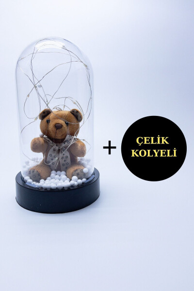 Birthday Gift Decorative Rgb Fairy Led Lighted Teddy Bear And Stainless Steel Necklace In A Glass Dome - 1