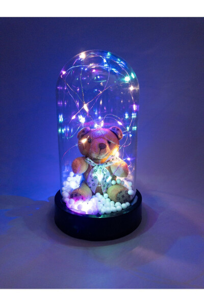 Birthday Gift Decorative Rgb Fairy Led Lighted Teddy Bear And Stainless Steel Necklace In A Glass Dome - 3