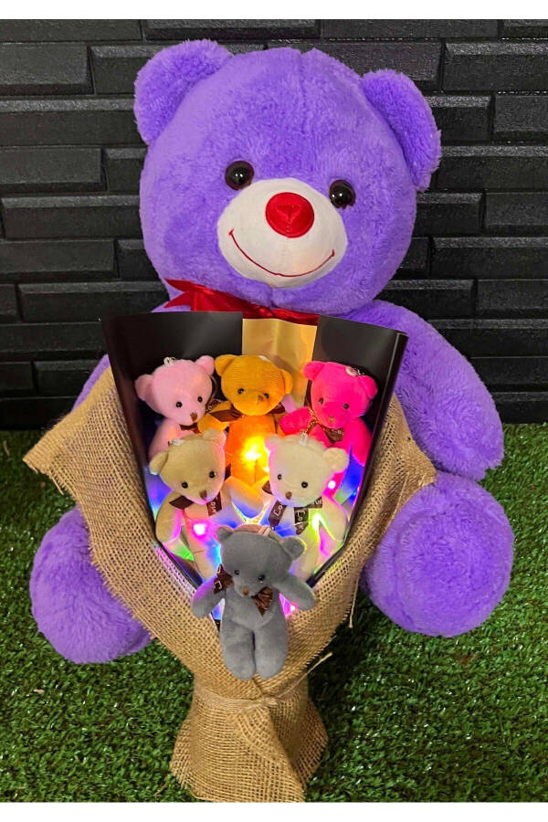 Birthday Gift for Girlfriend 55cm Sweet Purple Teddy Bear and Colorful Lighted 6-Piece Teddy Bear Bouquet - 1