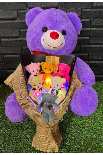 Birthday Gift for Girlfriend 55cm Sweet Purple Teddy Bear and Colorful Lighted 6-Piece Teddy Bear Bouquet - 2