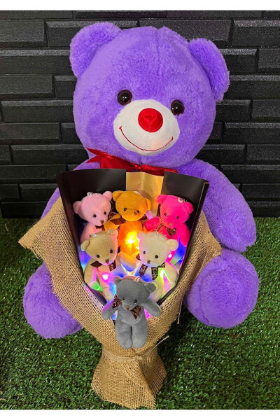 Birthday Gift for Girlfriend 55cm Sweet Purple Teddy Bear and Colorful Lighted 6-Piece Teddy Bear Bouquet - 3