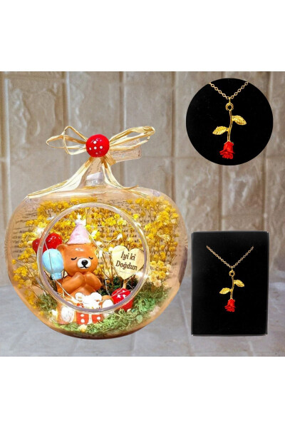 Birthday Gift Lighted Terrarium & Gold Rose Necklace - 4