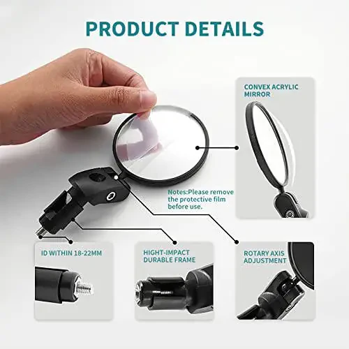 Bike Mirror, 2 Pcs 360˚ Rotatable Bar End Bicycle Mirrors for Handlebars, Wide Angle Convex Bike Mirrors Handlebar Rearview Mirror Bike Mirrors for Handlebar End Mount Mountain Road Adult Bike Cycling - 5