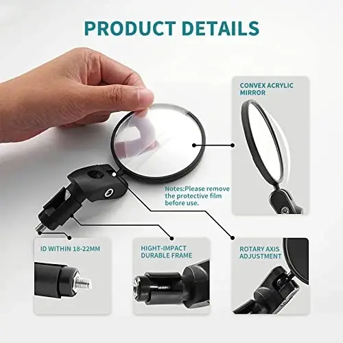Bike Mirror, 2 Pcs 360˚ Rotatable Bar End Bicycle Mirrors for Handlebars, Wide Angle Convex Bike Mirrors Handlebar Rearview Mirror Bike Mirrors for Handlebar End Mount Mountain Road Adult Bike Cycling - 5