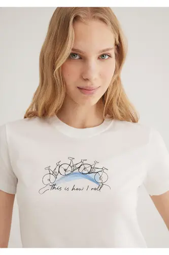 Bisiklet Baskılı Ekru Tişört Semi Slim Fit / Yarı Dar Kesim 1612982-70057 - 1