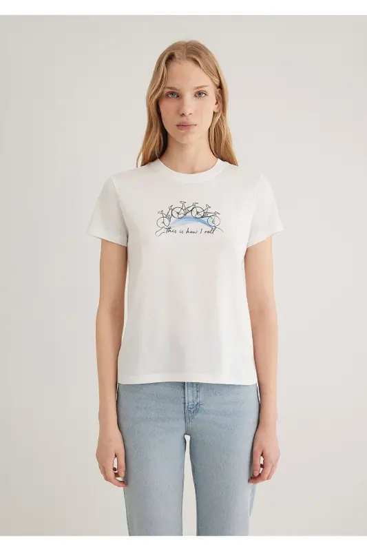 Bisiklet Baskılı Ekru Tişört Semi Slim Fit / Yarı Dar Kesim 1612982-70057 - 3
