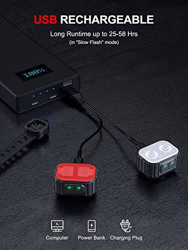 Bike Lights, Rechargeable Bicycle Lights Set Super Bright 8+12 Modes, IPX6 Waterproof Bike Lights for Night Riding/Cycling Safety, Front and Back Taillight Reflectors, 58 Hrs Long Battery Life - 10