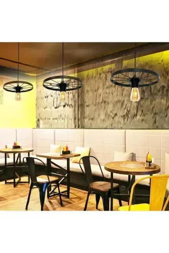 Bisiklet Tekerlek Sarkıt Tekli Avize Ferforje Bar Otel Restaurant Metal Retro Tavan Lamba-Siyah - 6