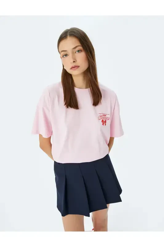 Bisiklet Yaka Arkası Baskılı Oversize Kısa Kollu Tişört - KOTON