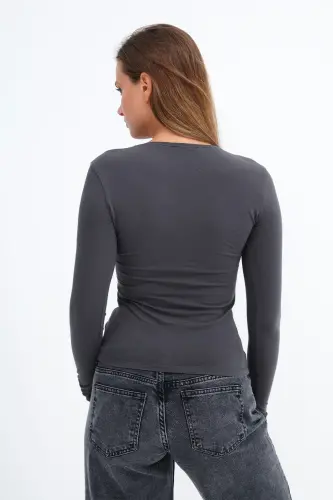 Bisiklet Yaka Basic Bluz B1496-DK2 - Antrasit - 6