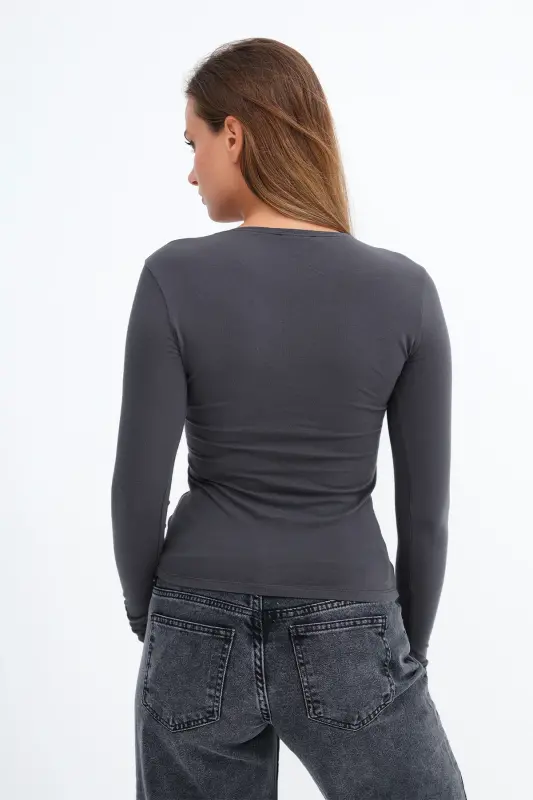 Bisiklet Yaka Basic Bluz B1496-DK2 - Antrasit - 6