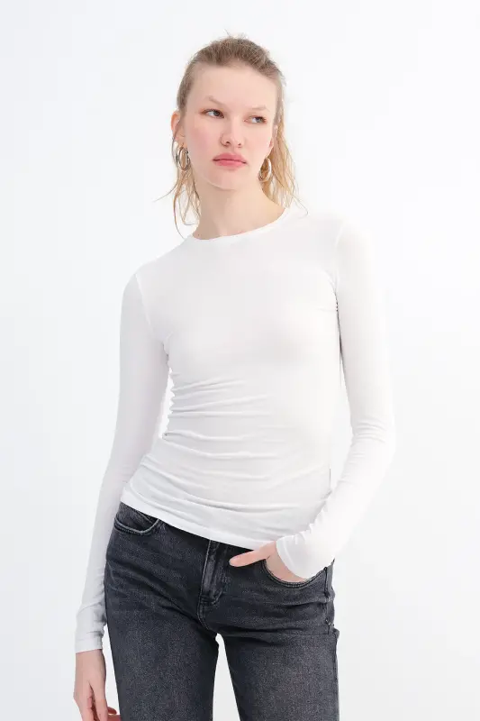 Bisiklet Yaka Basic Bluz B1496-dk2-Beyaz - 5