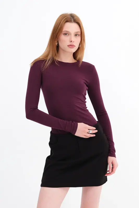Bisiklet Yaka Basic Bluz B1496-DK2-BORDO - 2