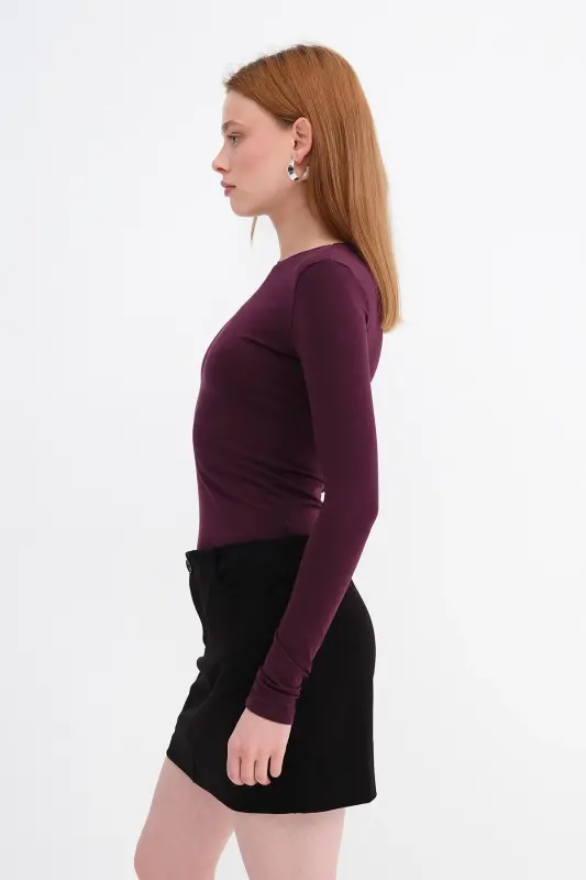 Bisiklet Yaka Basic Bluz B1496-DK2-BORDO - 3