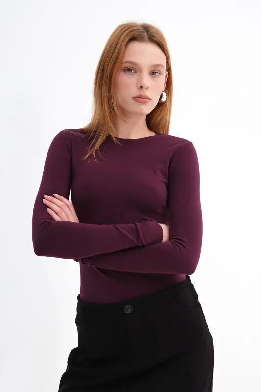 Bisiklet Yaka Basic Bluz B1496-DK2-BORDO - 5