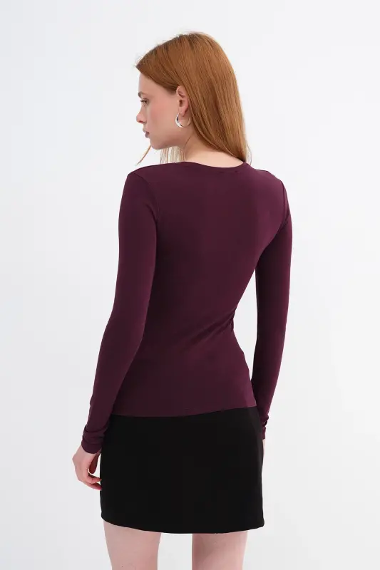 Bisiklet Yaka Basic Bluz B1496-DK2-BORDO - 6