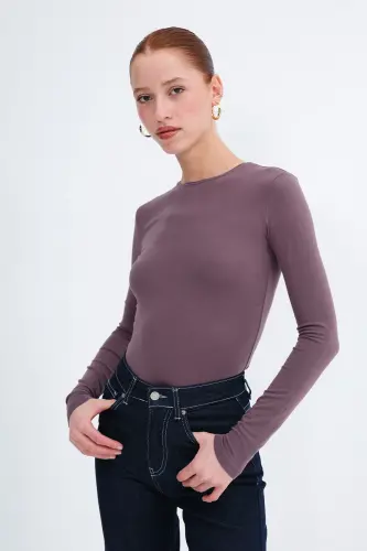 Bisiklet Yaka Basic Bluz B1496-DK2 - Grape 