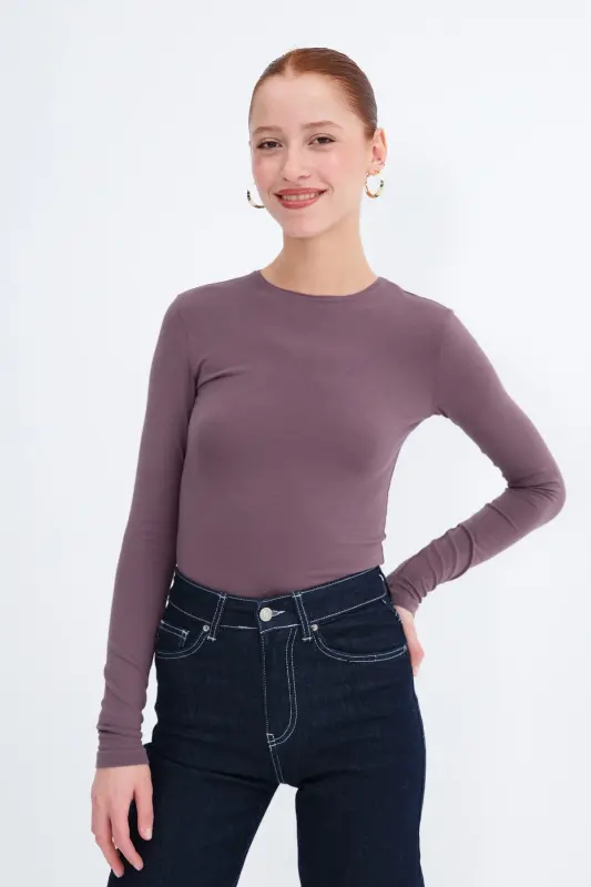 Bisiklet Yaka Basic Bluz B1496-DK2 - Grape - 4