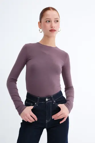 Bisiklet Yaka Basic Bluz B1496-DK2 - Grape - 5