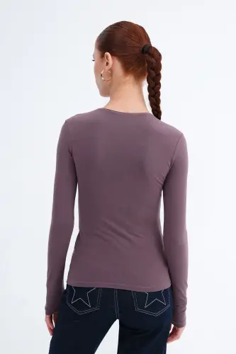Bisiklet Yaka Basic Bluz B1496-DK2 - Grape - 6
