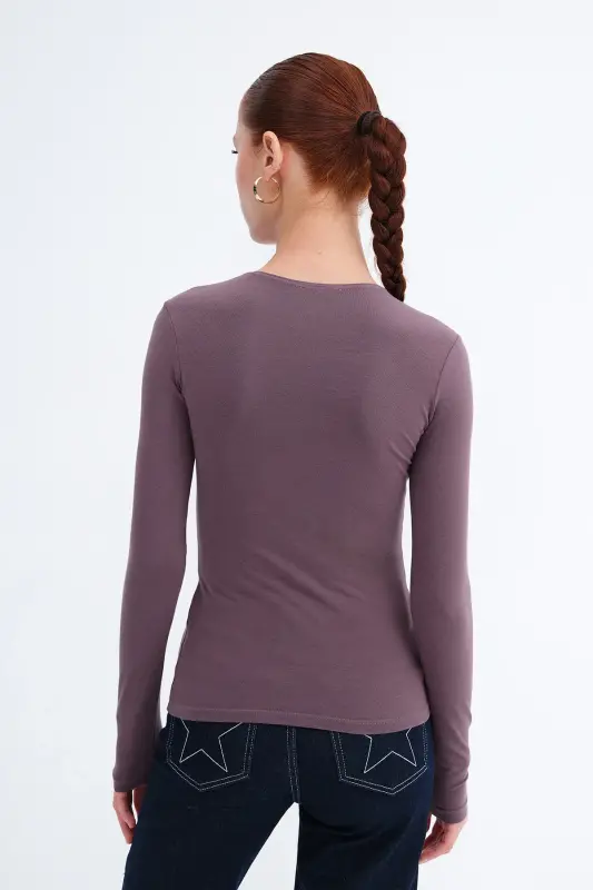 Bisiklet Yaka Basic Bluz B1496-DK2 - Grape - 6