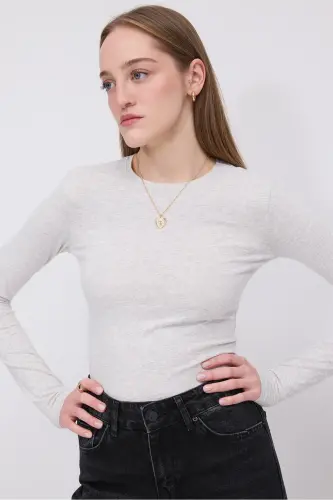 Bisiklet Yaka Basic Bluz B1496-DK2-Kar Melanj - 4