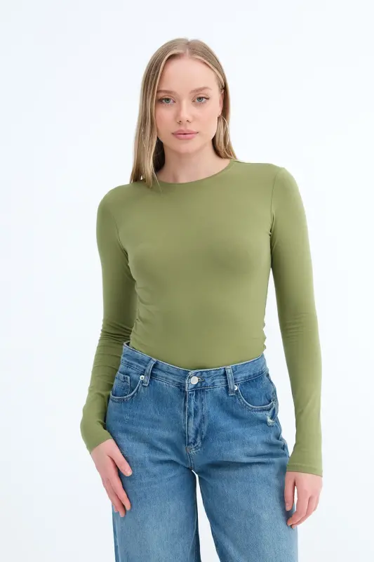 Bisiklet Yaka Basic Bluz B1496-DK2 - Matcha - 2
