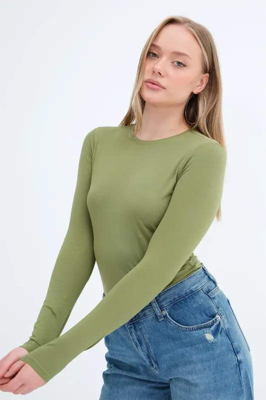 Bisiklet Yaka Basic Bluz B1496-DK2 - Matcha - 4