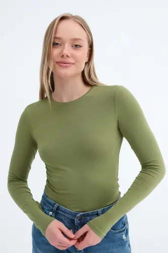 Bisiklet Yaka Basic Bluz B1496-DK2 - Matcha 