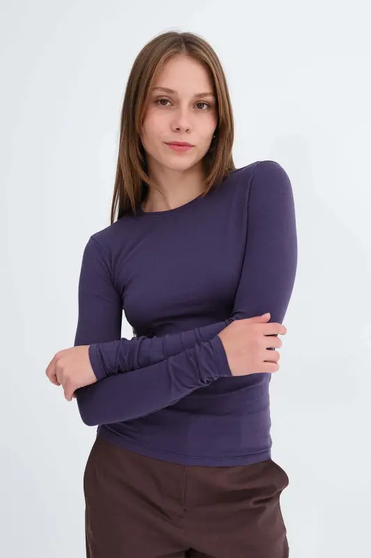 Bisiklet Yaka Basic Bluz B1496-DK2 - Mor - 1