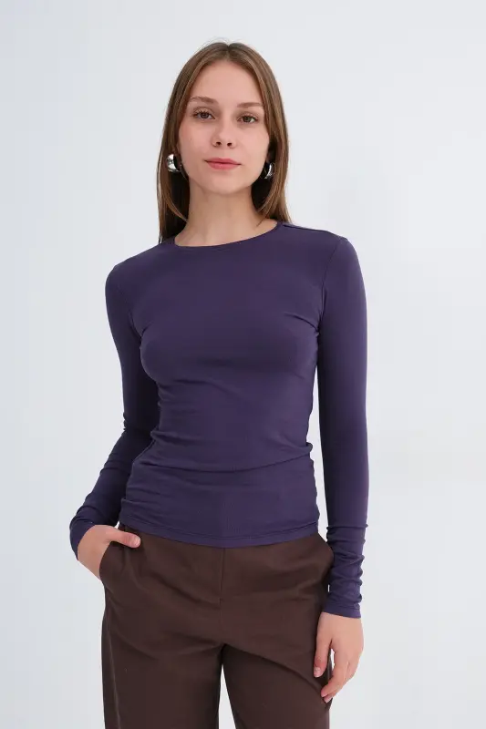 Bisiklet Yaka Basic Bluz B1496-DK2 - Mor - 2