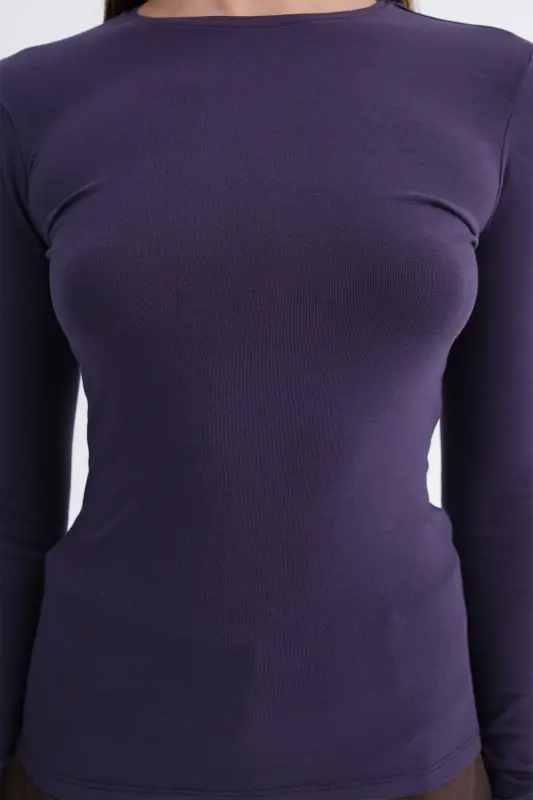 Bisiklet Yaka Basic Bluz B1496-DK2 - Mor - 3