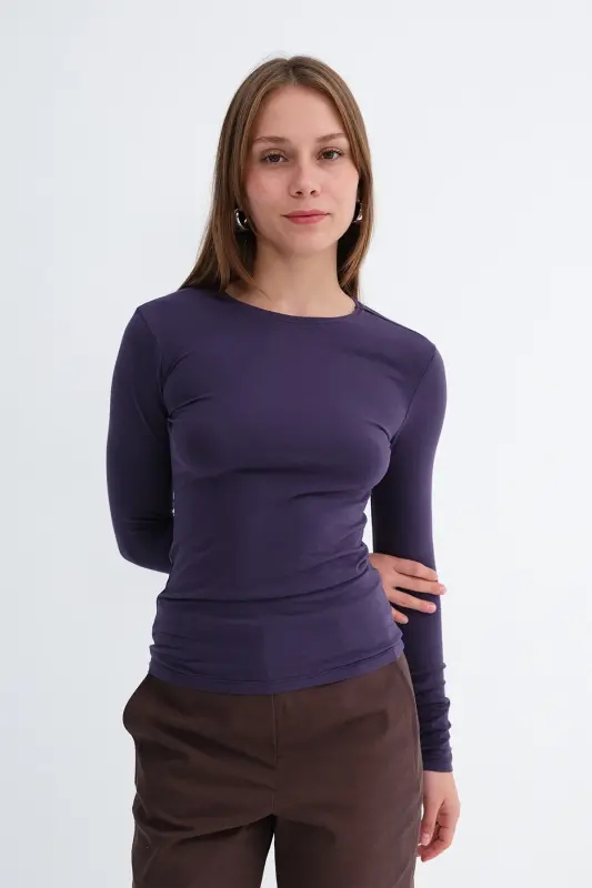 Bisiklet Yaka Basic Bluz B1496-DK2 - Mor - 5