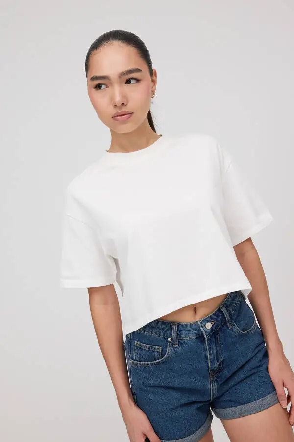 Bisiklet Yaka Basic Crop T-Shirt P10377 - 2