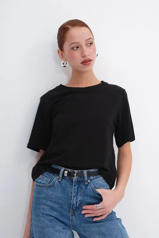 Bisiklet Yaka Basic T-shirt P1002-E8 - Siyah - ADDAX