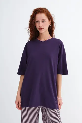 Bisiklet Yaka Basic T-shirt P10111-D7 - Mor - ADDAX (1)