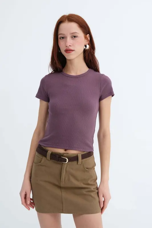 Bisiklet Yaka Basic T-shirt P13343-U6 - Grape - 7