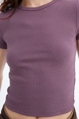 Bisiklet Yaka Basic T-shirt P13343-U6 - Grape - 9