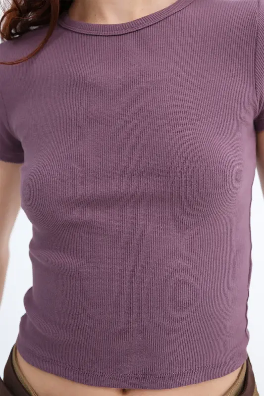 Bisiklet Yaka Basic T-shirt P13343-U6 - Grape - 3