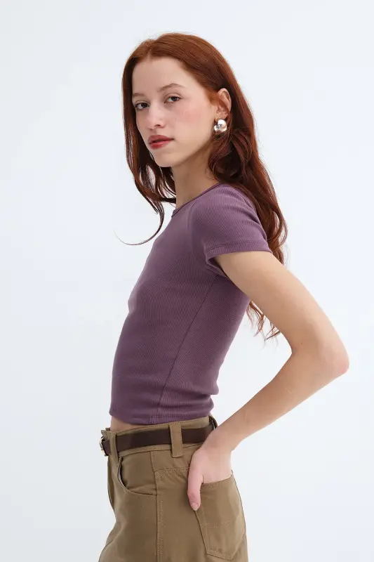 Bisiklet Yaka Basic T-shirt P13343-U6 - Grape - 4