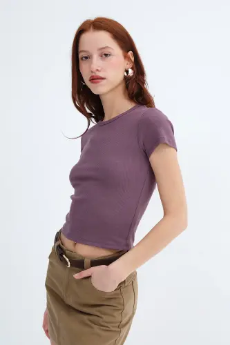 Bisiklet Yaka Basic T-shirt P13343-U6-Grape - 5