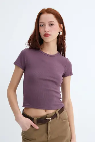 Bisiklet Yaka Basic T-shirt P13343-U6 - Grape - ADDAX (1)