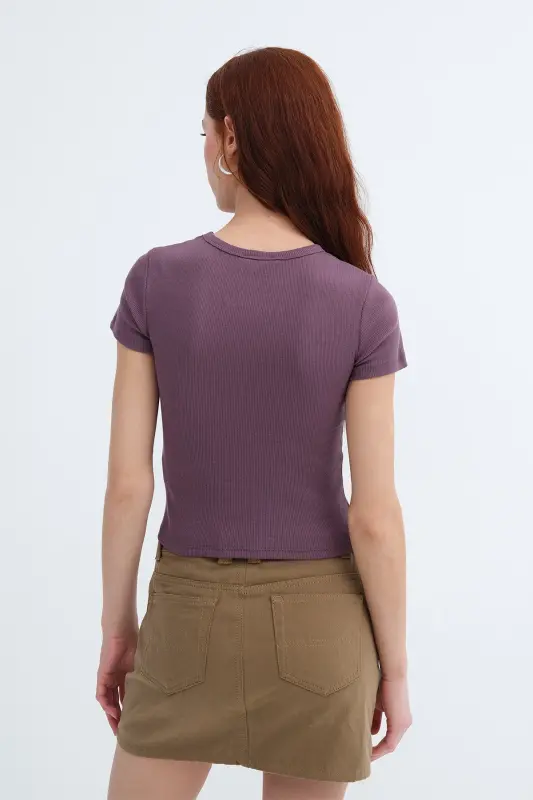 Bisiklet Yaka Basic T-shirt P13343-U6 - Grape - 6