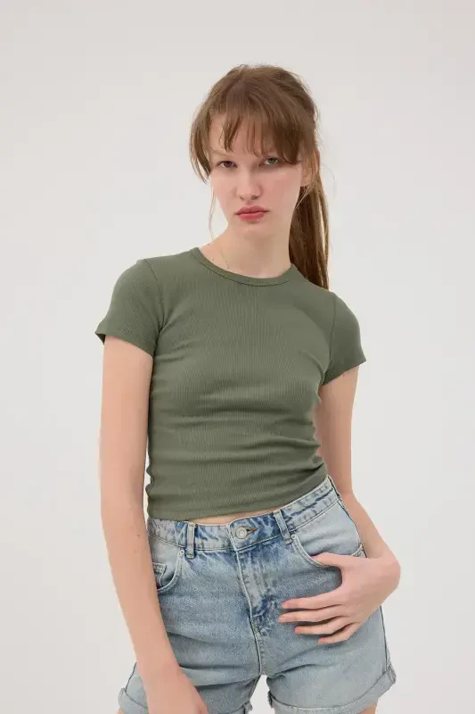 Bisiklet Yaka Basic T-shirt P13343-U6-YAĞ YEŞİLİ - 6