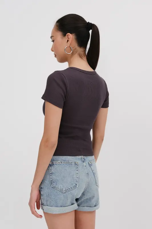 Bisiklet Yaka Basic T-shirt P13343-U6-Z.Kahve - 5