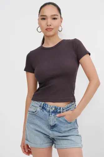 Bisiklet Yaka Basic T-shirt P13343-U6-Z.Kahve - 6