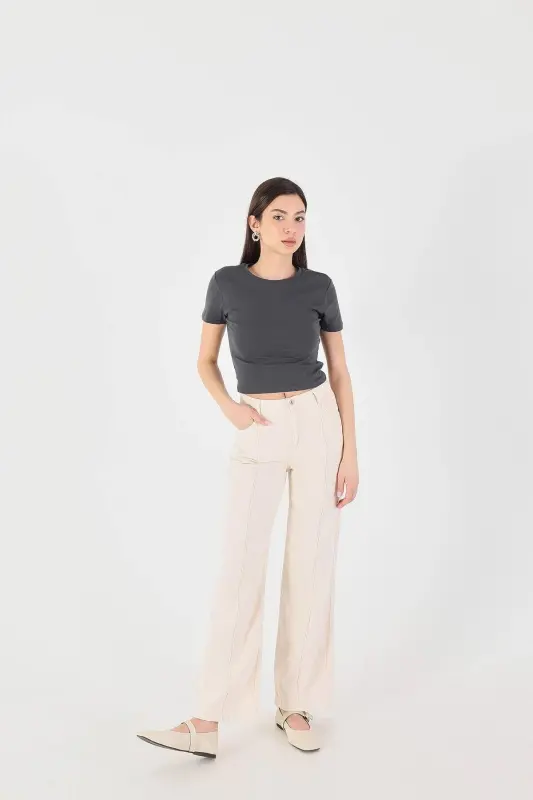 Bisiklet Yaka Basic T-shirt P15686-T8 - Antrasit - 1