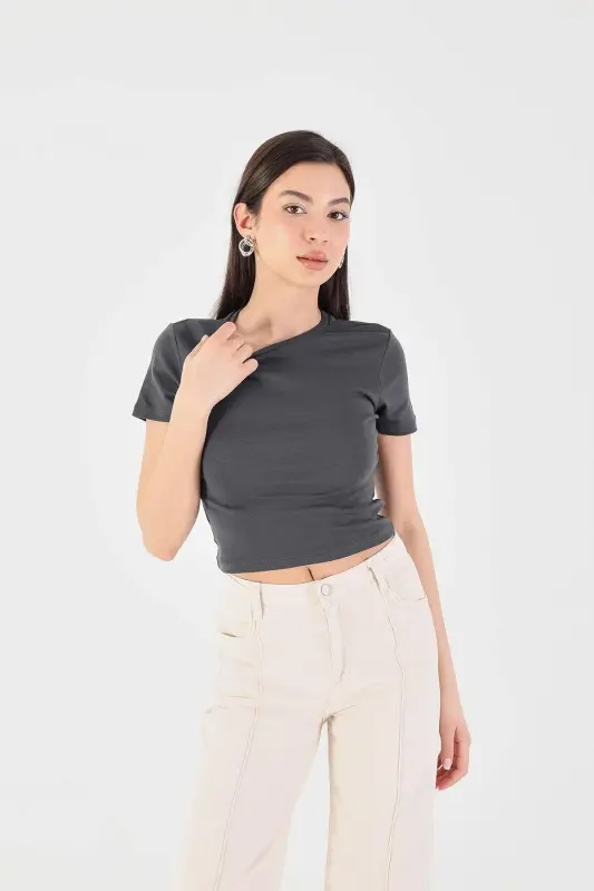 Bisiklet Yaka Basic T-shirt P15686-T8 - Antrasit - 2